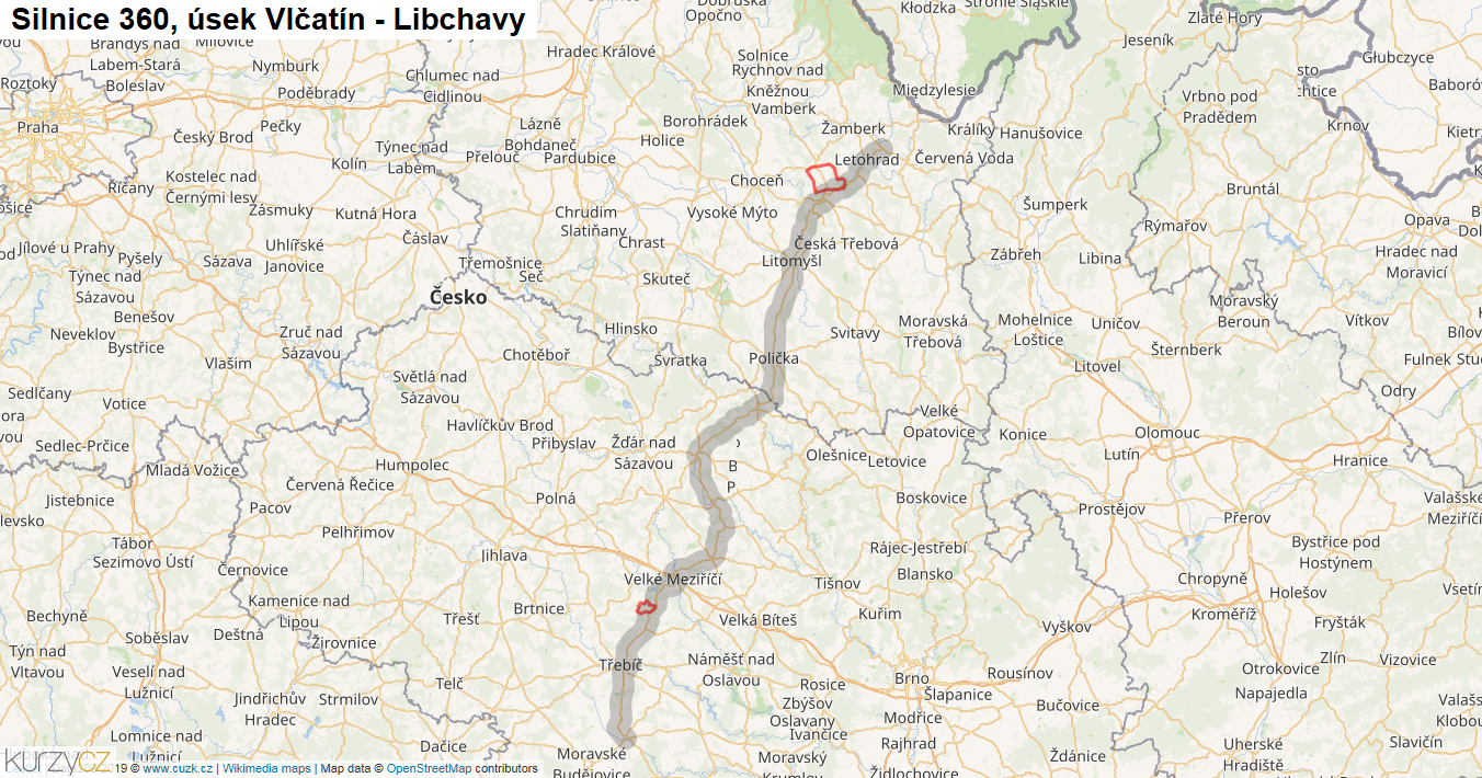 Úsek Vlčatín - Libchavy, Silnice 360 - Mapa