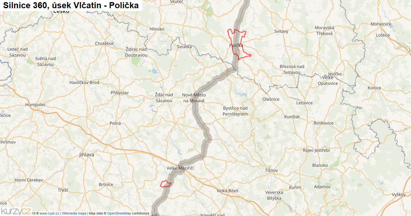 Úsek Vlčatín - Polička, Silnice 360 - Mapa