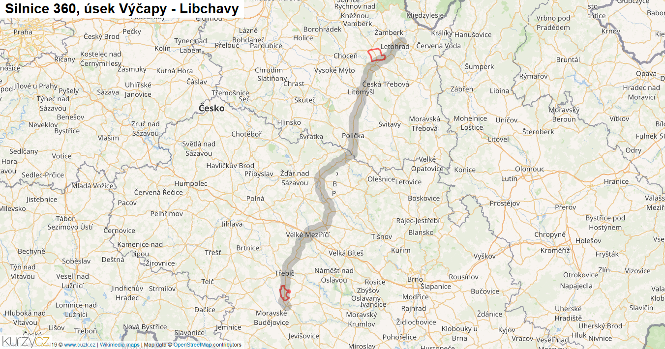 Úsek Výčapy - Libchavy, Silnice 360 - Mapa