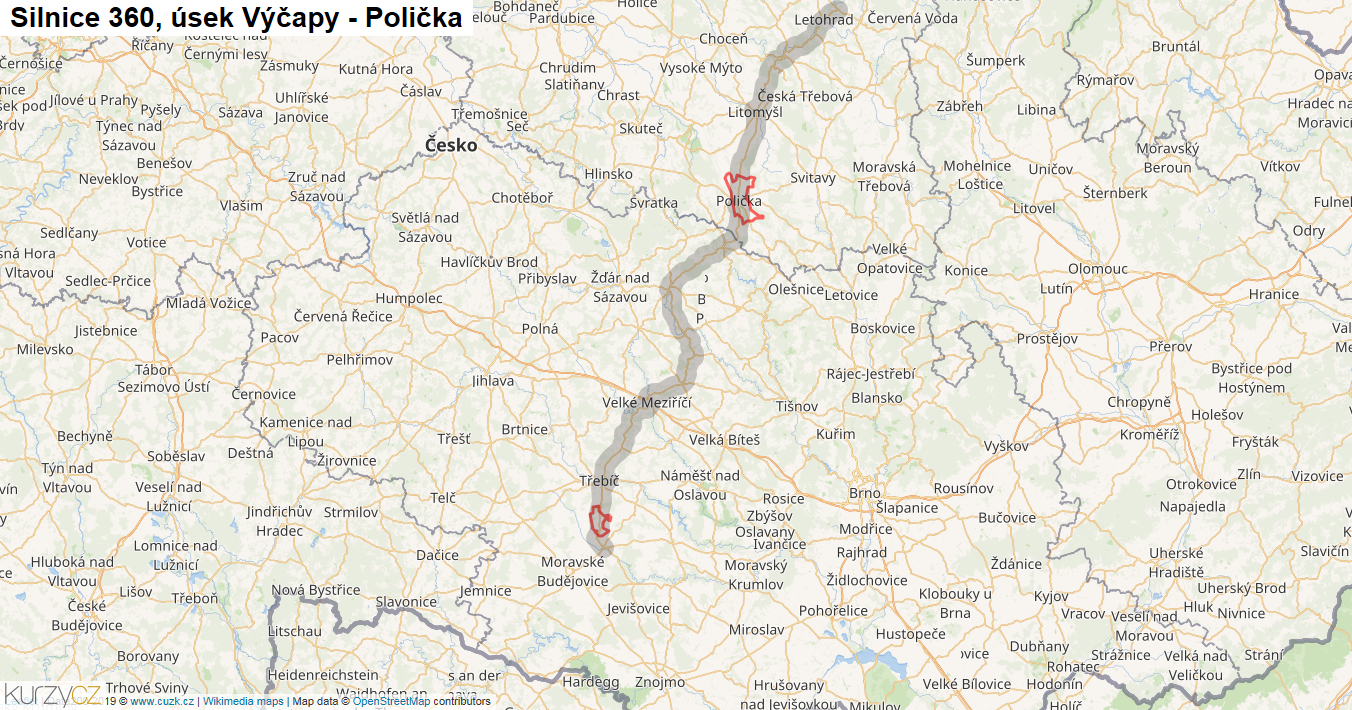 Úsek Výčapy - Polička, Silnice 360 - Mapa