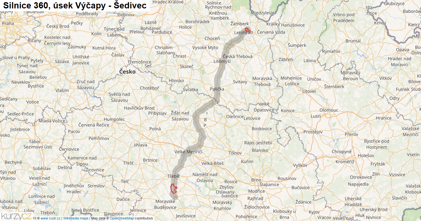 Úsek Výčapy - Šedivec, Silnice 360 - Mapa