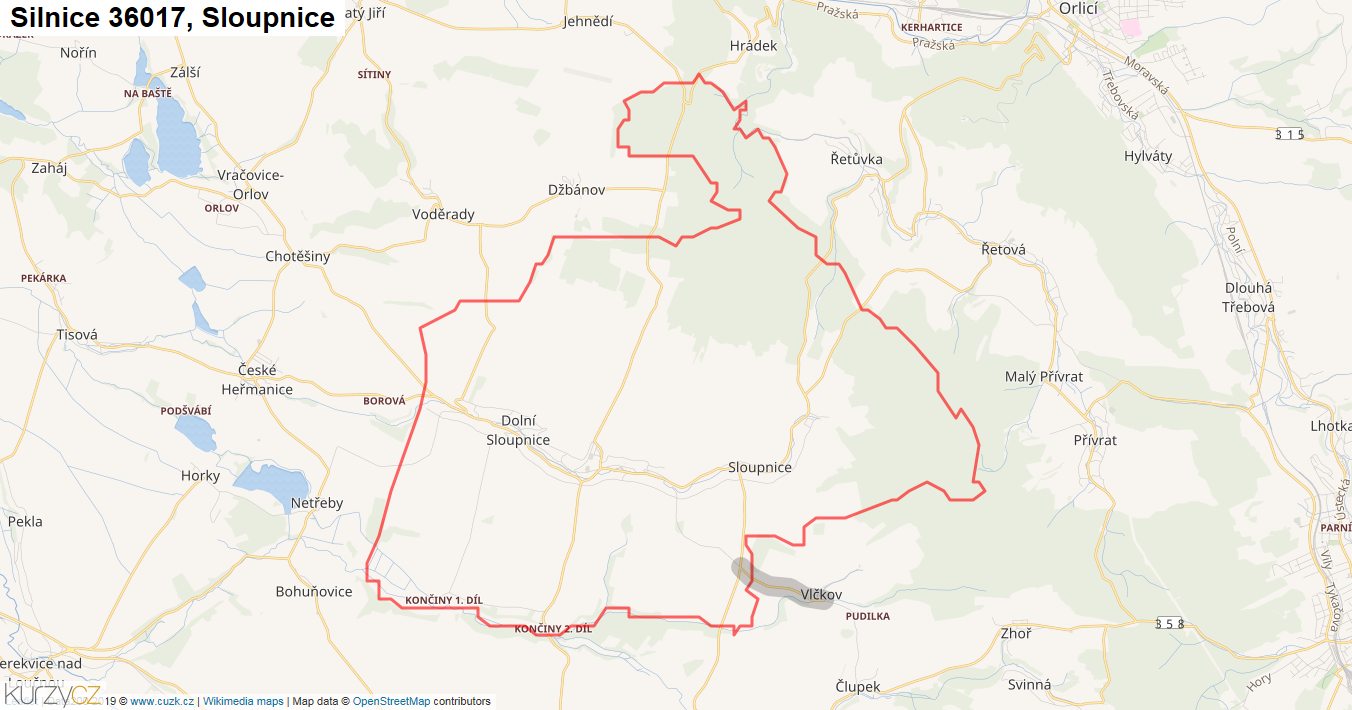 Sloupnice, Silnice 36017 - Mapa