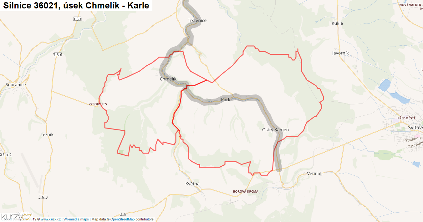 Úsek Chmelík - Karle, Silnice 36021 - Mapa