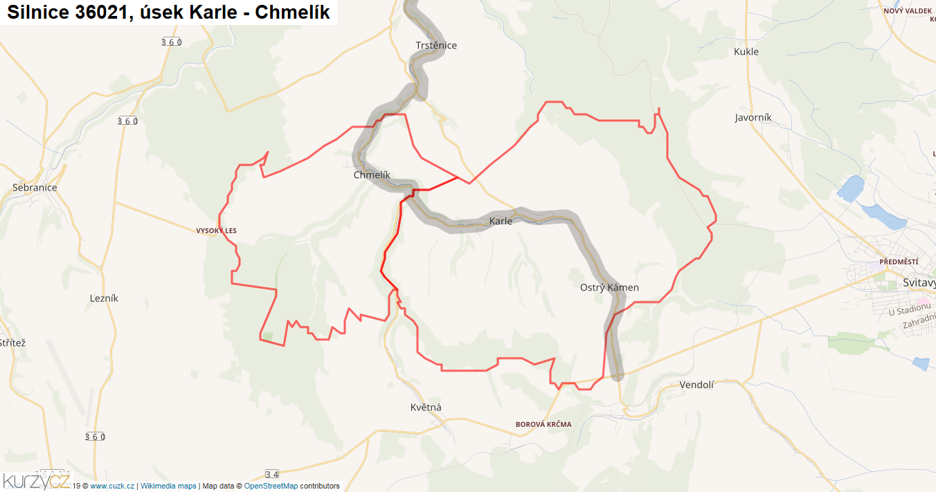 Úsek Karle - Chmelík, Silnice 36021 - Mapa
