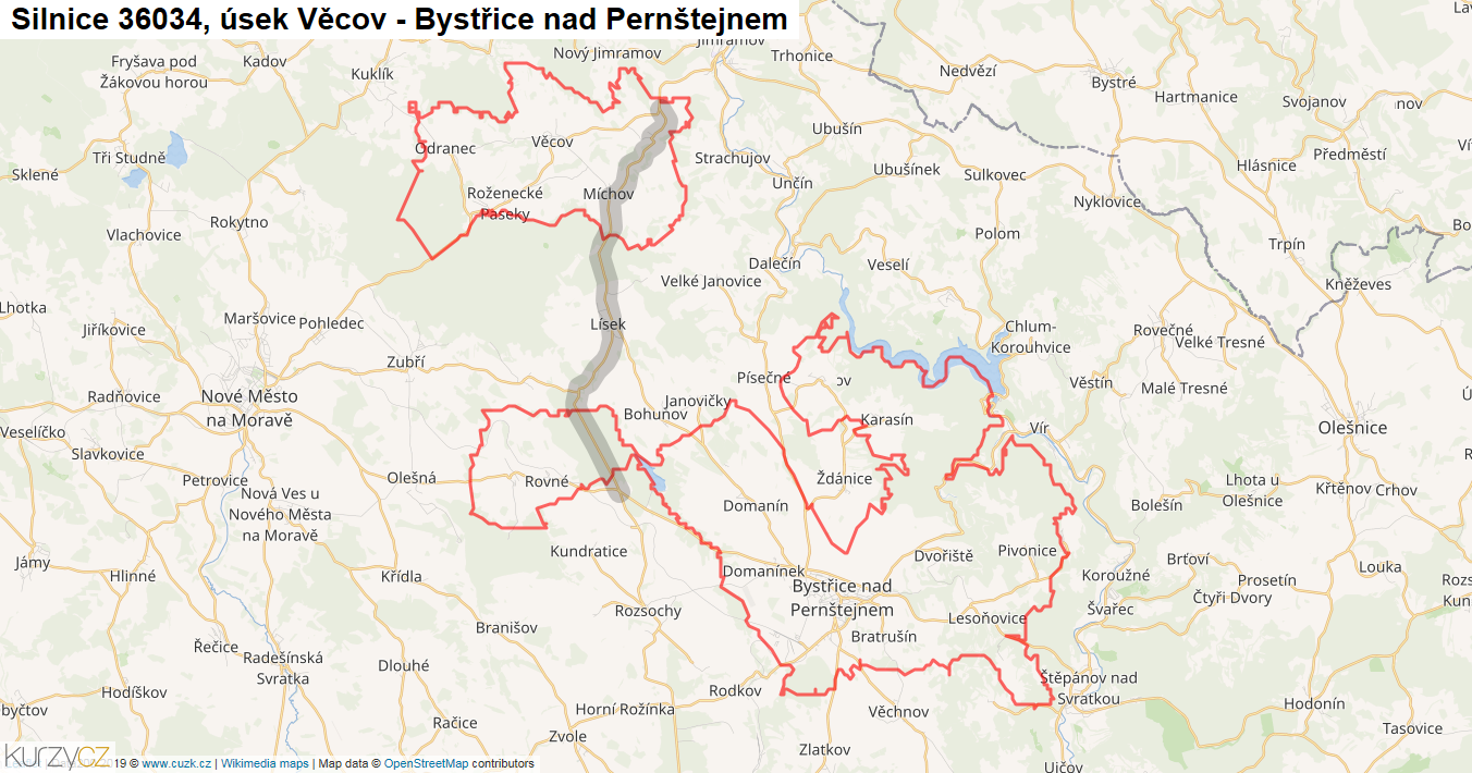 Úsek Věcov - Bystřice nad Pernštejnem, Silnice 36034 - Mapa