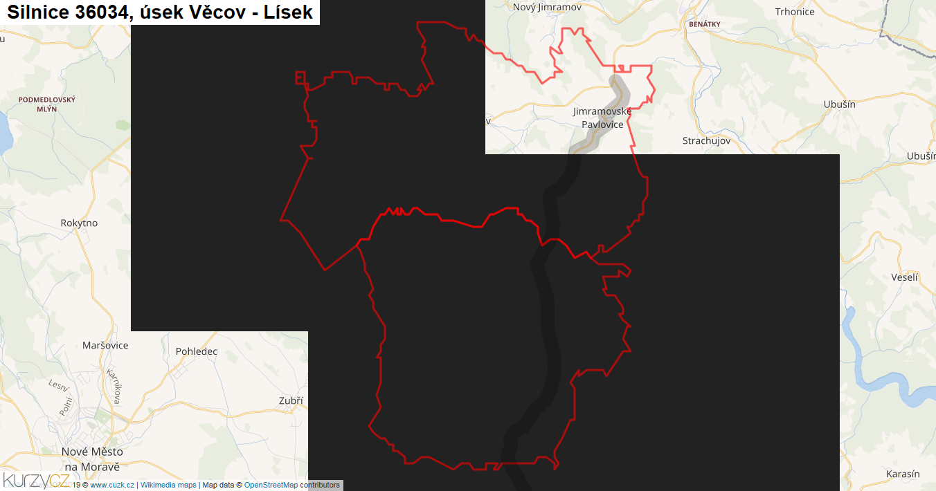 Úsek Věcov - Lísek, Silnice 36034 - Mapa