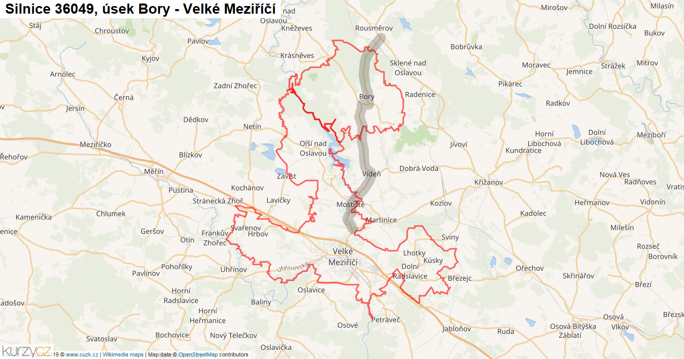 Úsek Bory - Velké Meziříčí, Silnice 36049 - Mapa