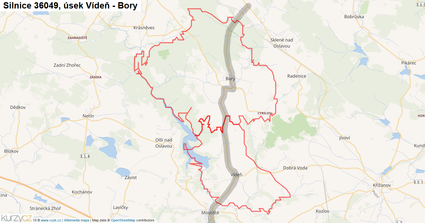 Úsek Vídeň - Bory, Silnice 36049 - Mapa