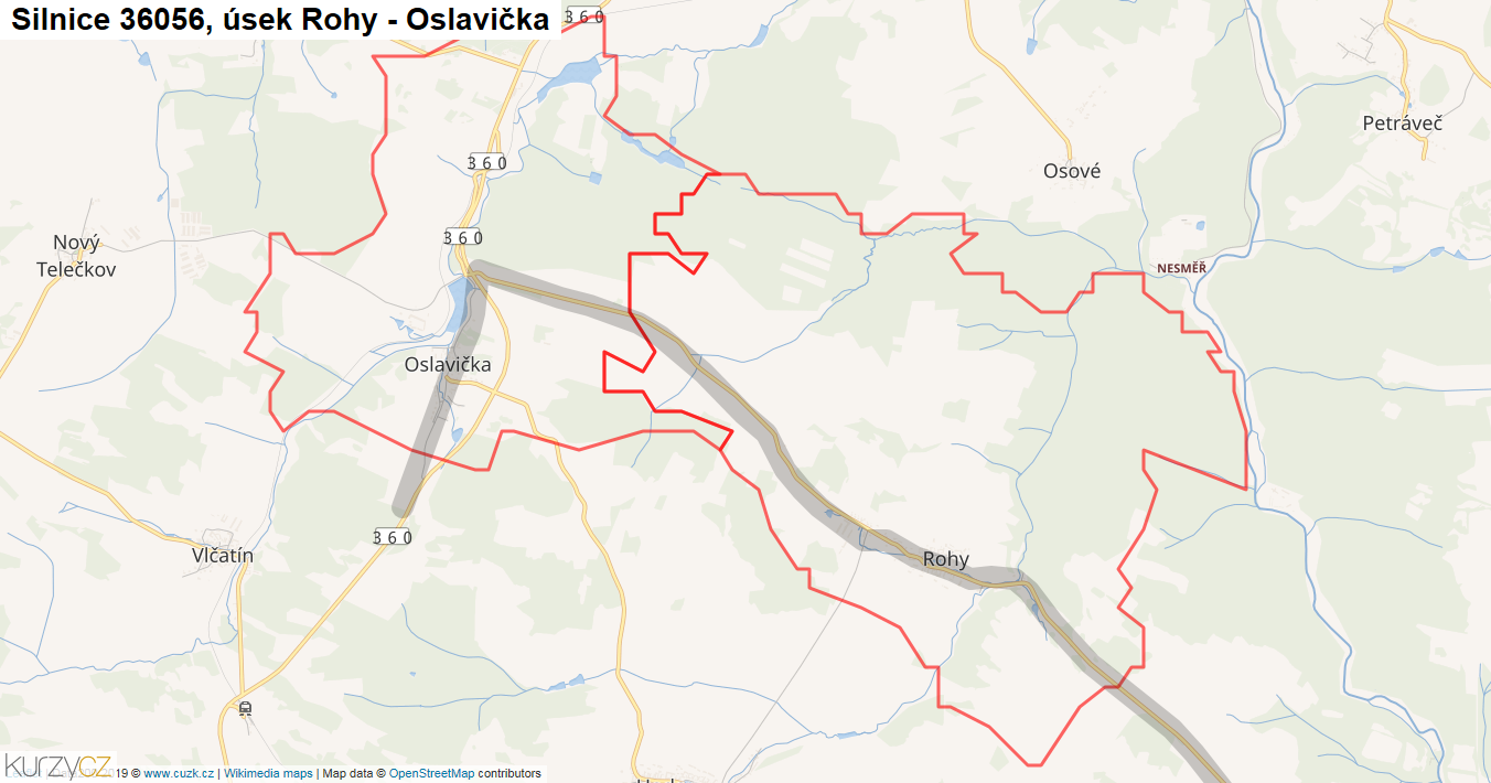 Úsek Rohy - Oslavička, Silnice 36056 - Mapa