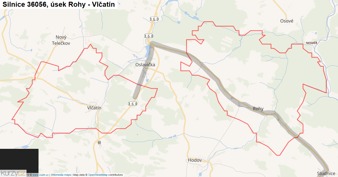 Úsek Rohy - Vlčatín, Silnice 36056 - Mapa