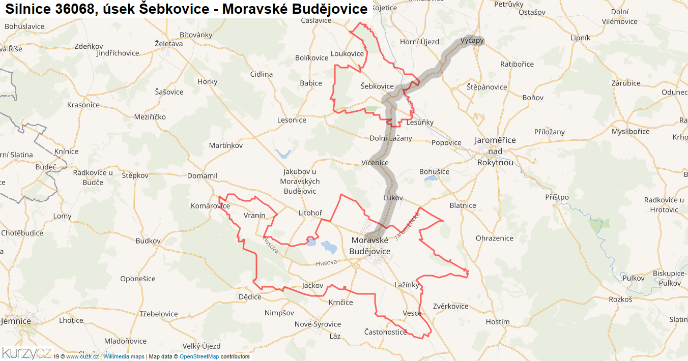 Úsek Šebkovice - Moravské Budějovice, Silnice 36068 - Mapa