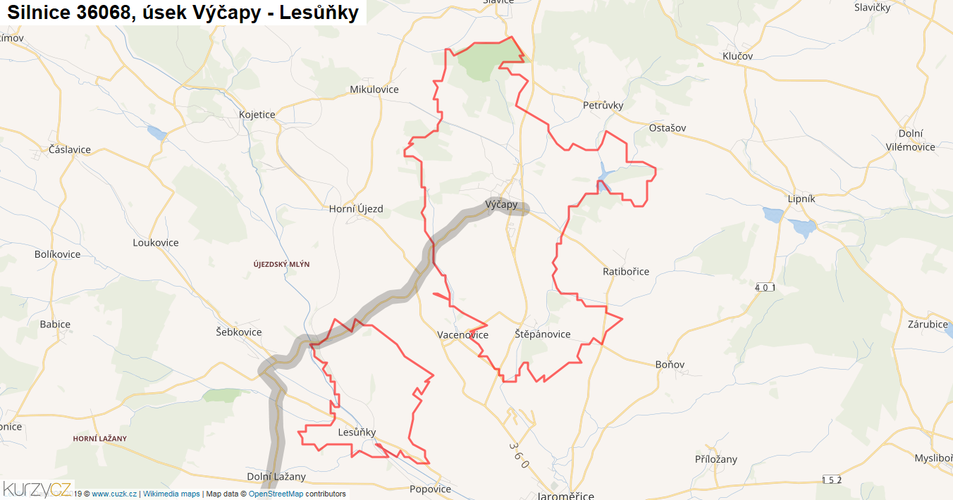 Úsek Výčapy - Lesůňky, Silnice 36068 - Mapa