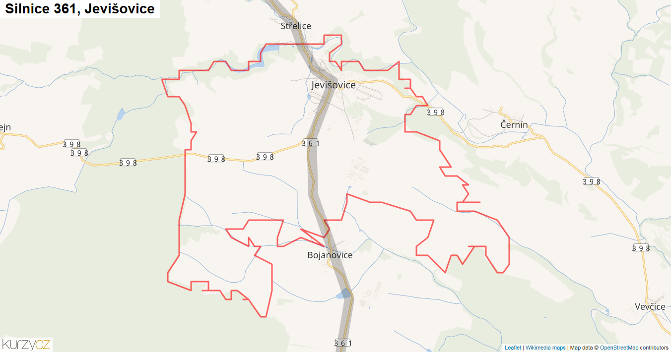 Jevišovice, Silnice 361 - Mapa