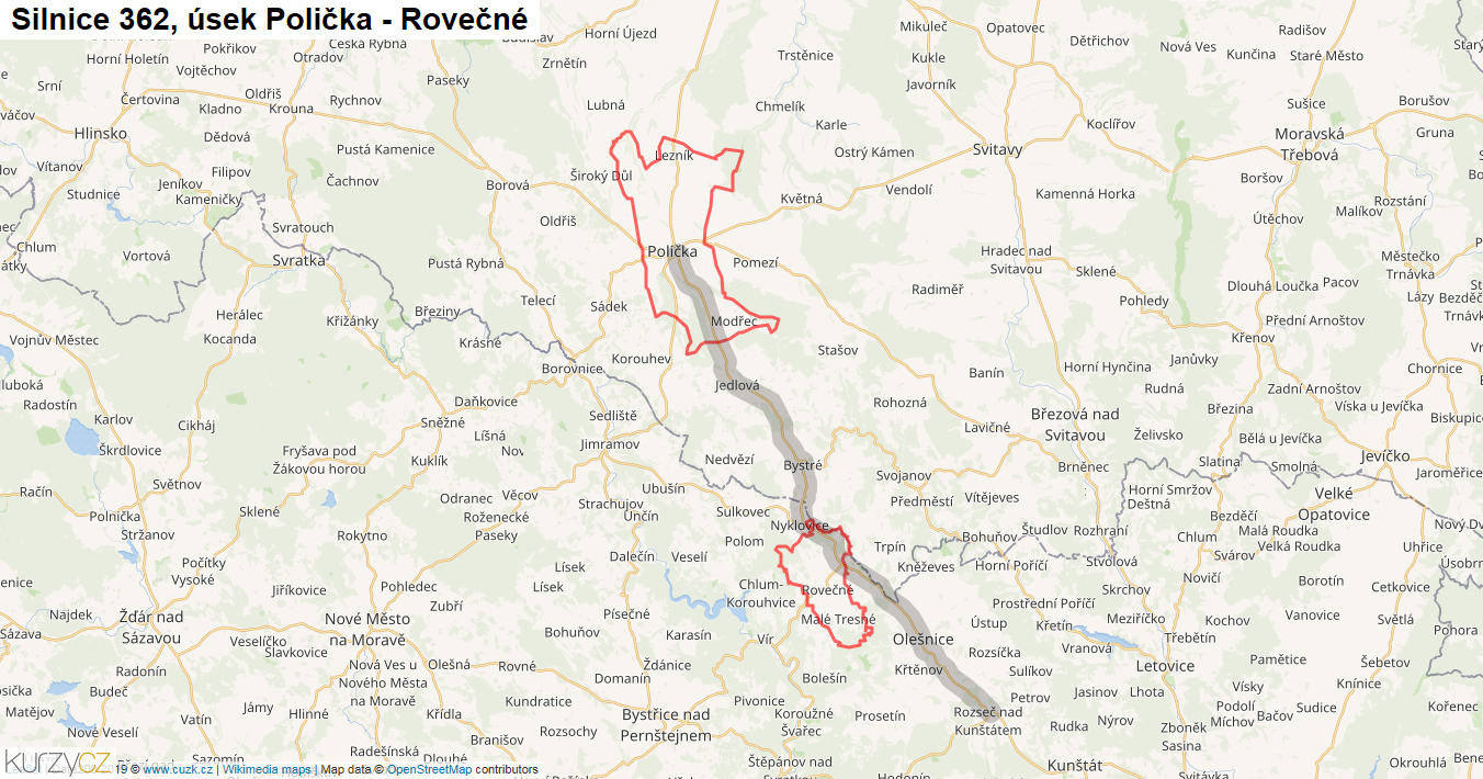 Úsek Polička - Rovečné, Silnice 362 - Mapa