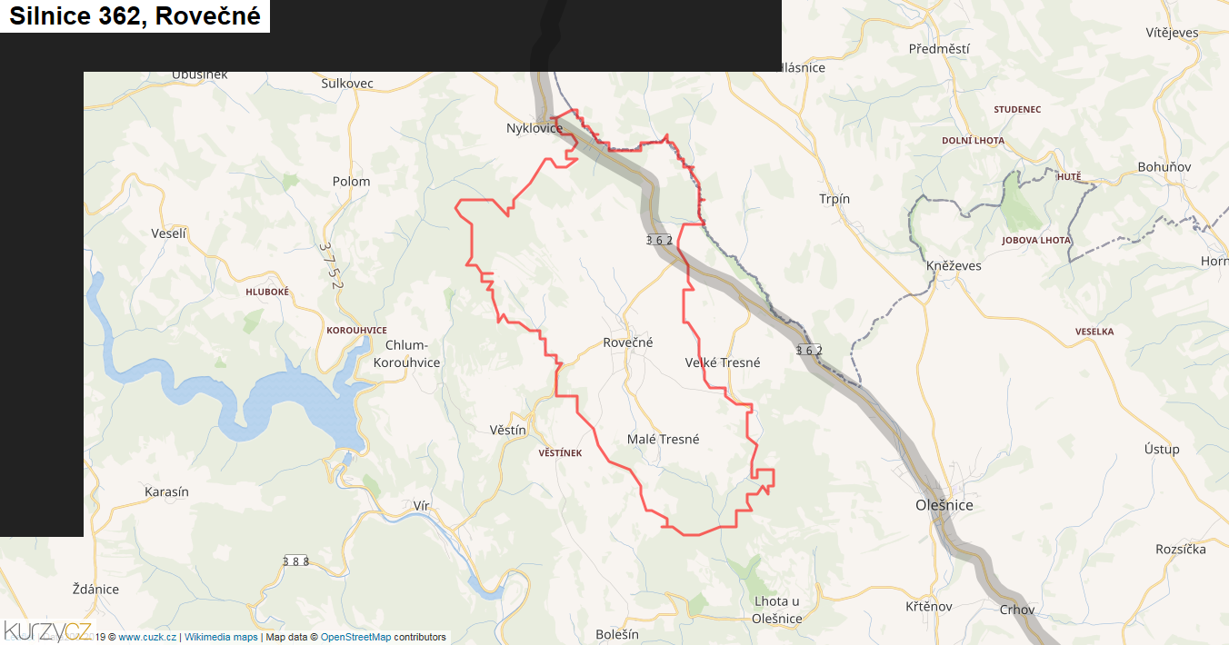 Rovečné, Silnice 362 - Mapa