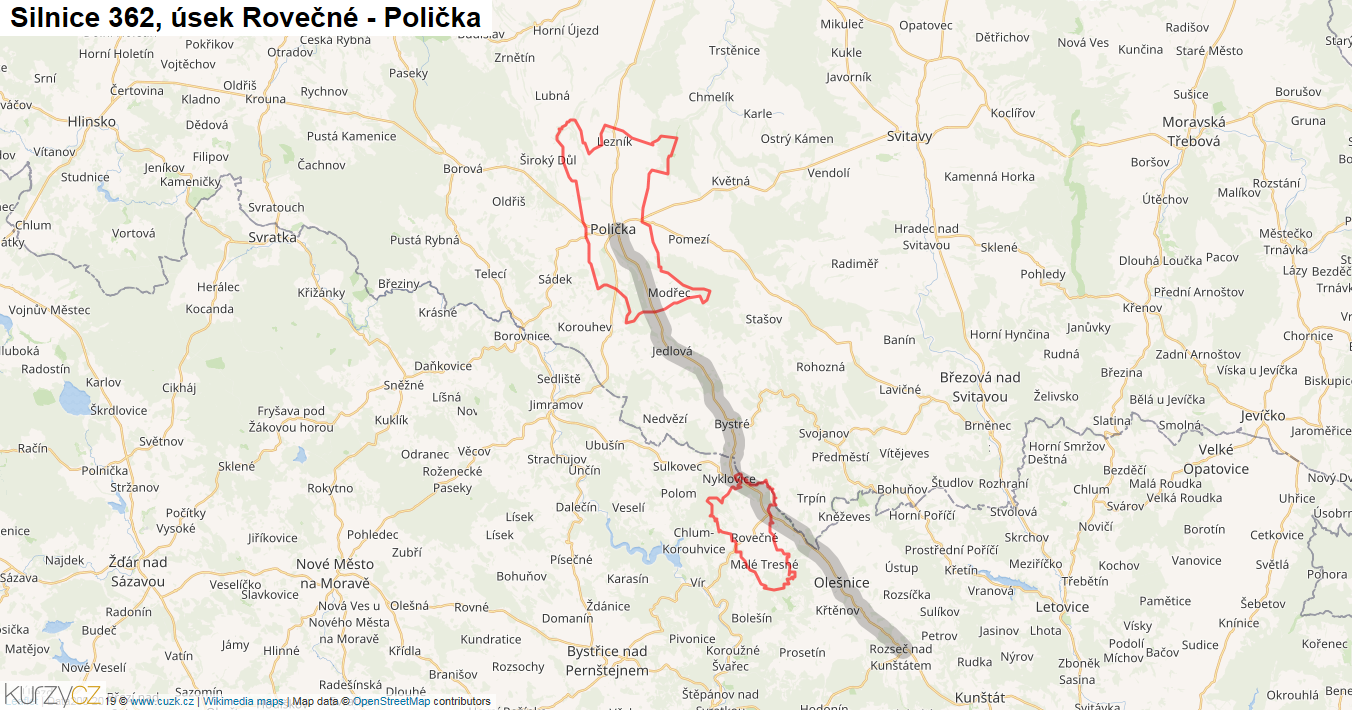 Úsek Rovečné - Polička, Silnice 362 - Mapa