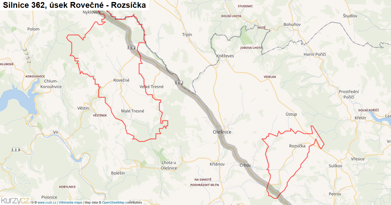 Úsek Rovečné - Rozsíčka, Silnice 362 - Mapa