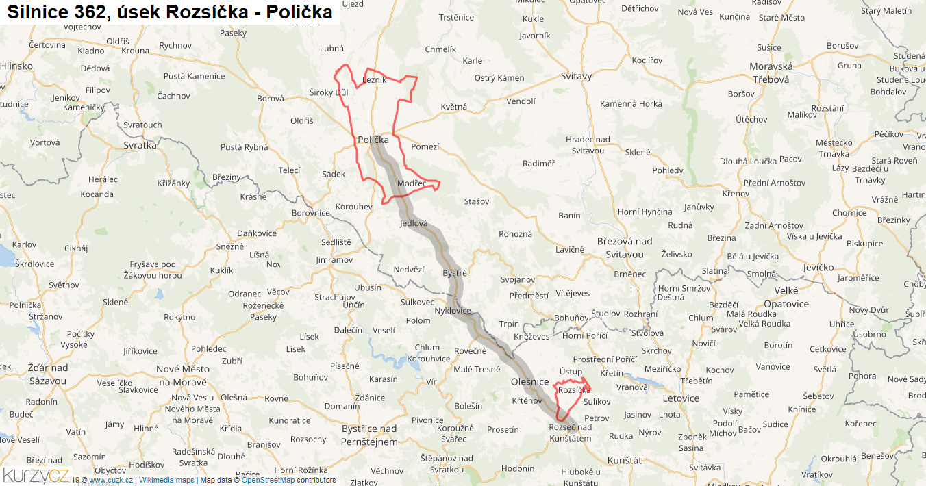Úsek Rozsíčka - Polička, Silnice 362 - Mapa
