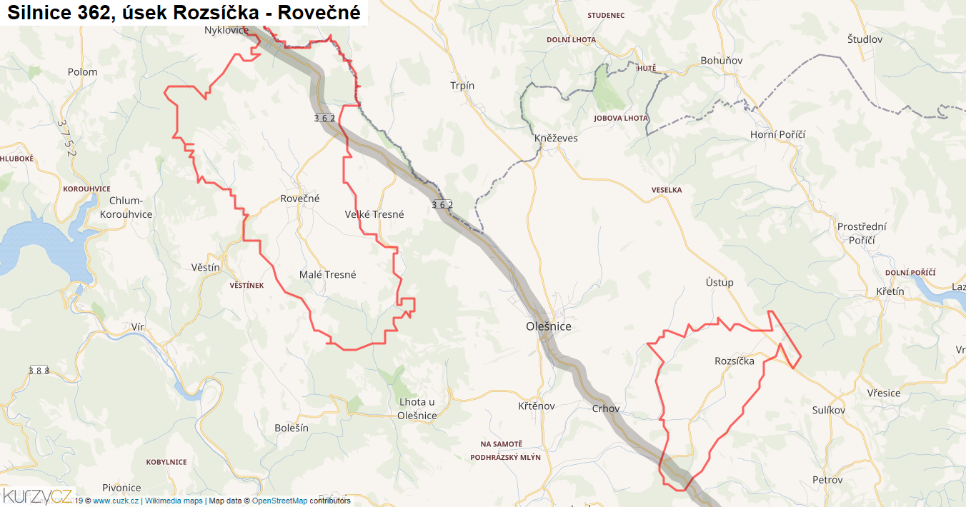 Úsek Rozsíčka - Rovečné, Silnice 362 - Mapa