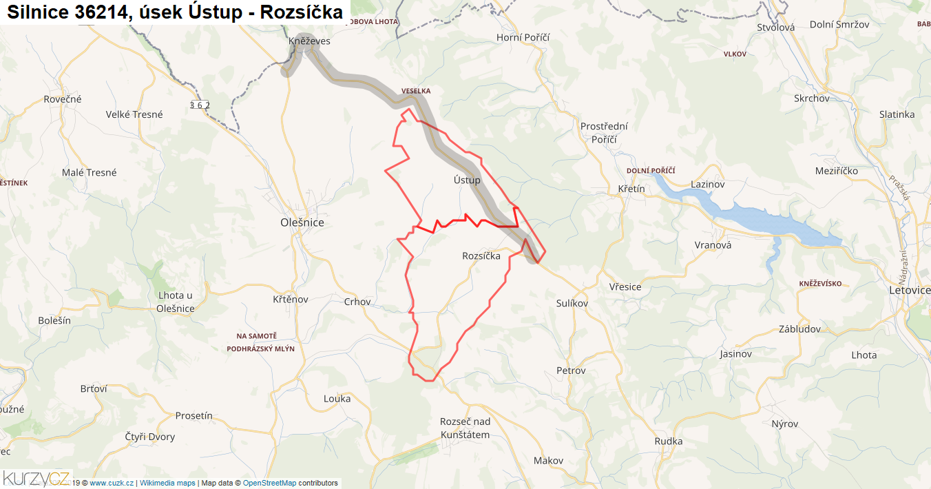 Úsek Ústup - Rozsíčka, Silnice 36214 - Mapa