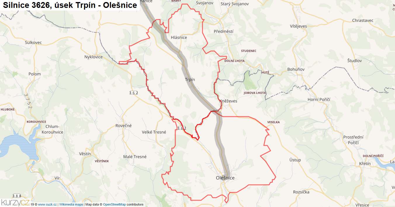 Úsek Trpín - Olešnice, Silnice 3626 - Mapa