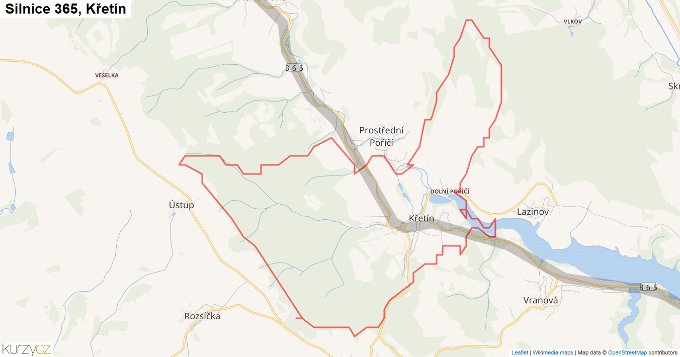 Křetín, Silnice 365 - Mapa