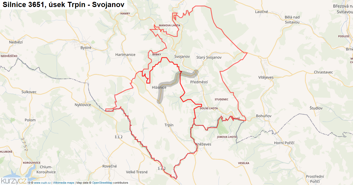 Úsek Trpín - Svojanov, Silnice 3651 - Mapa