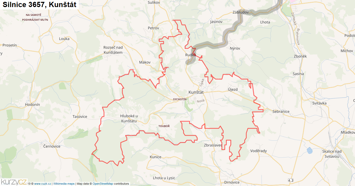Kunštát, Silnice 3657 - Mapa