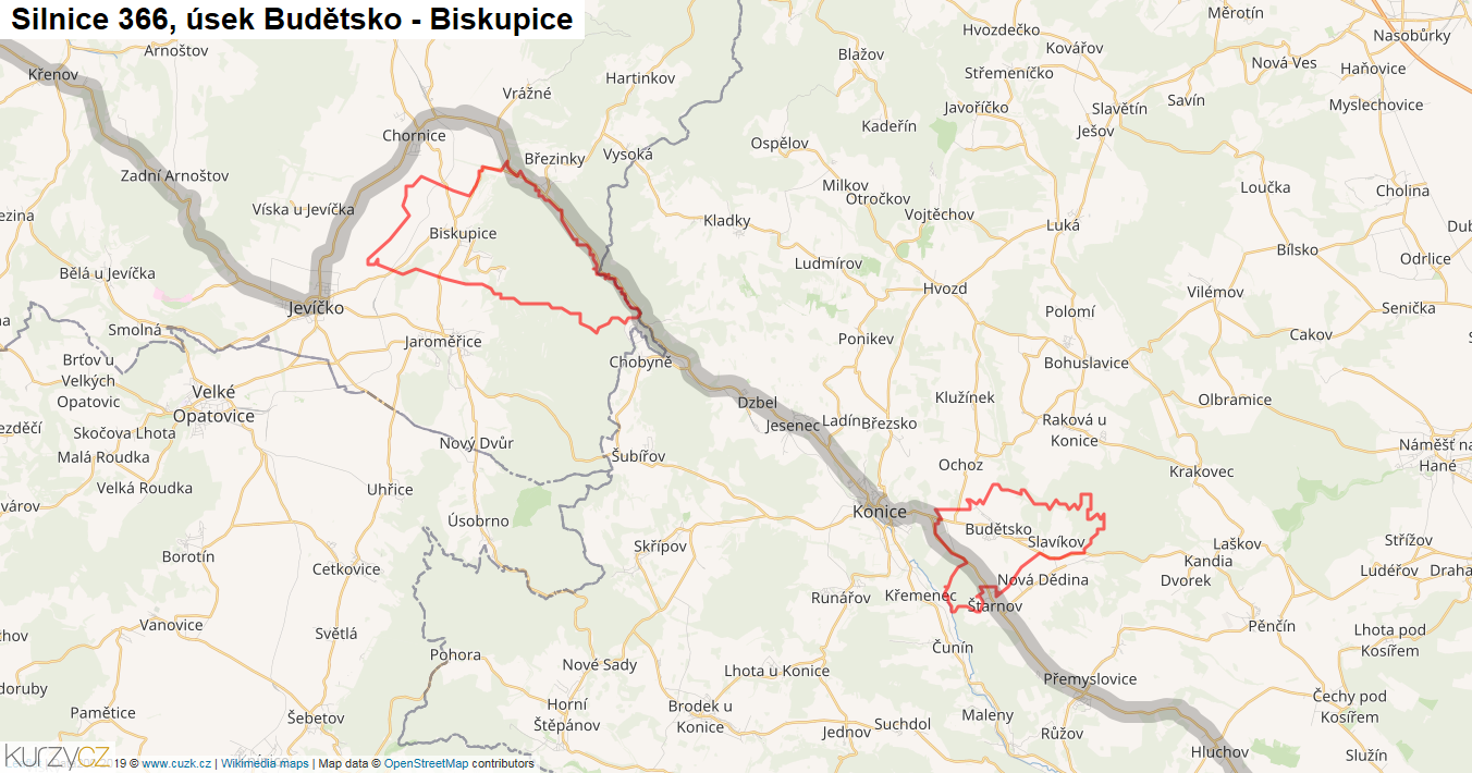Úsek Budětsko - Biskupice, Silnice 366 - Mapa