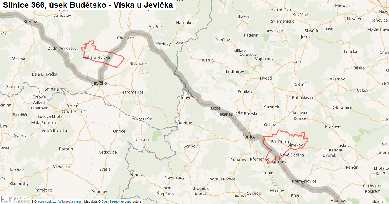Úsek Budětsko - Víska u Jevíčka, Silnice 366 - Mapa