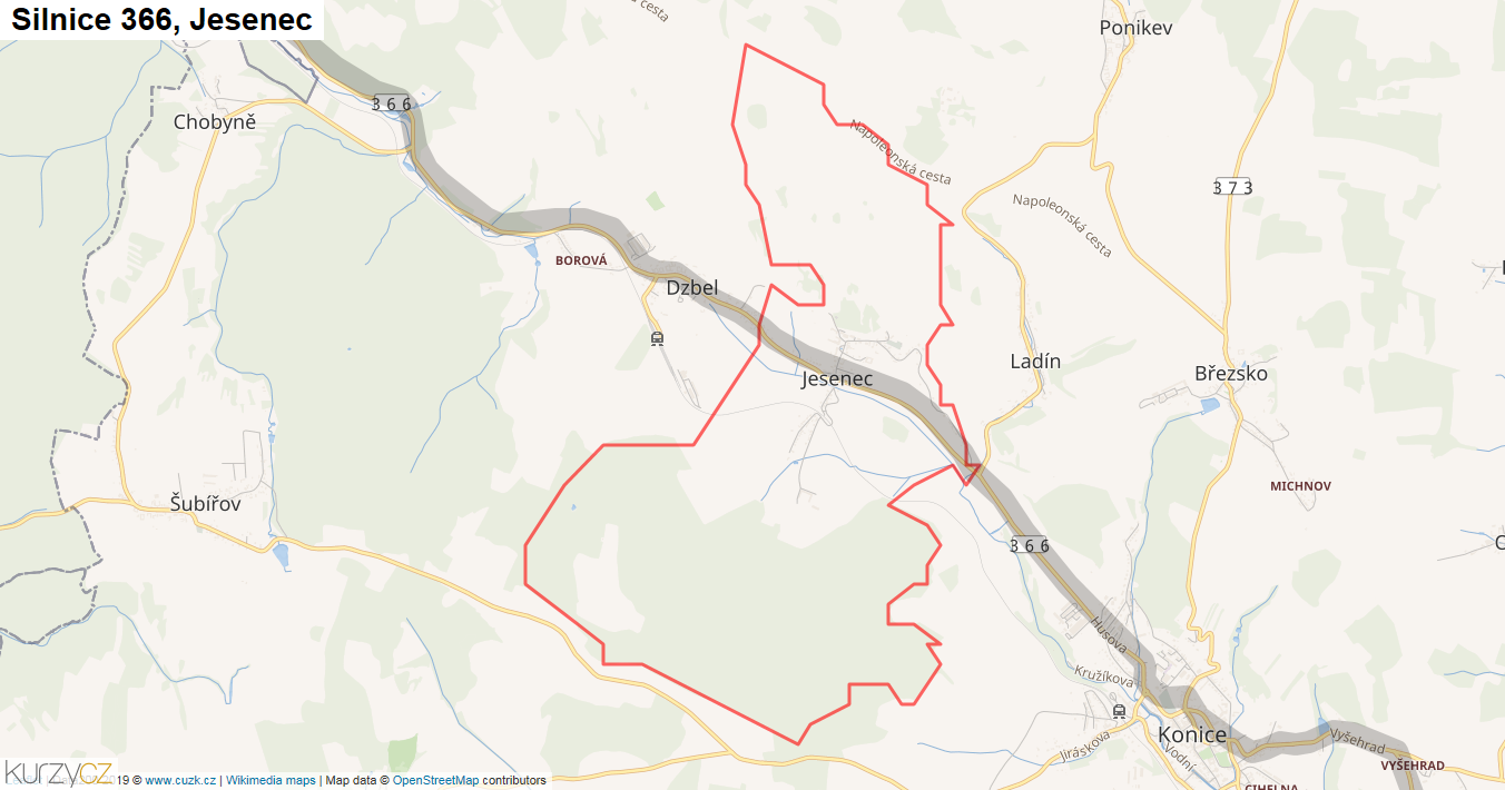 Jesenec, Silnice 366 - Mapa