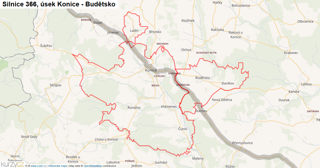 Úsek Konice - Budětsko, Silnice 366 - Mapa
