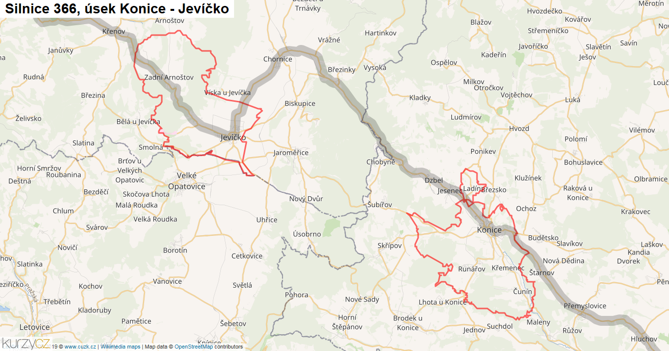Úsek Konice - Jevíčko, Silnice 366 - Mapa