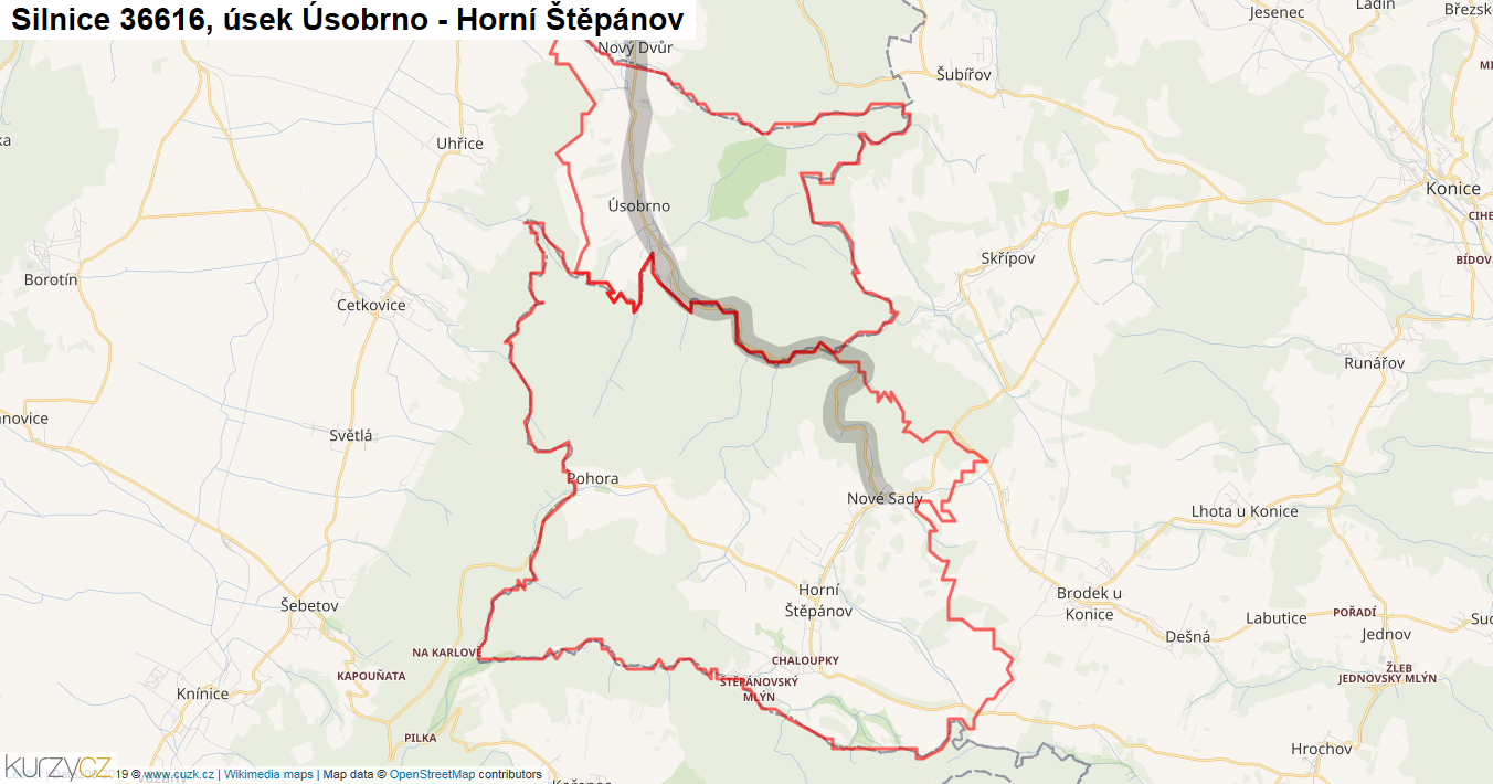 Úsek Úsobrno - Horní Štěpánov, Silnice 36616 - Mapa