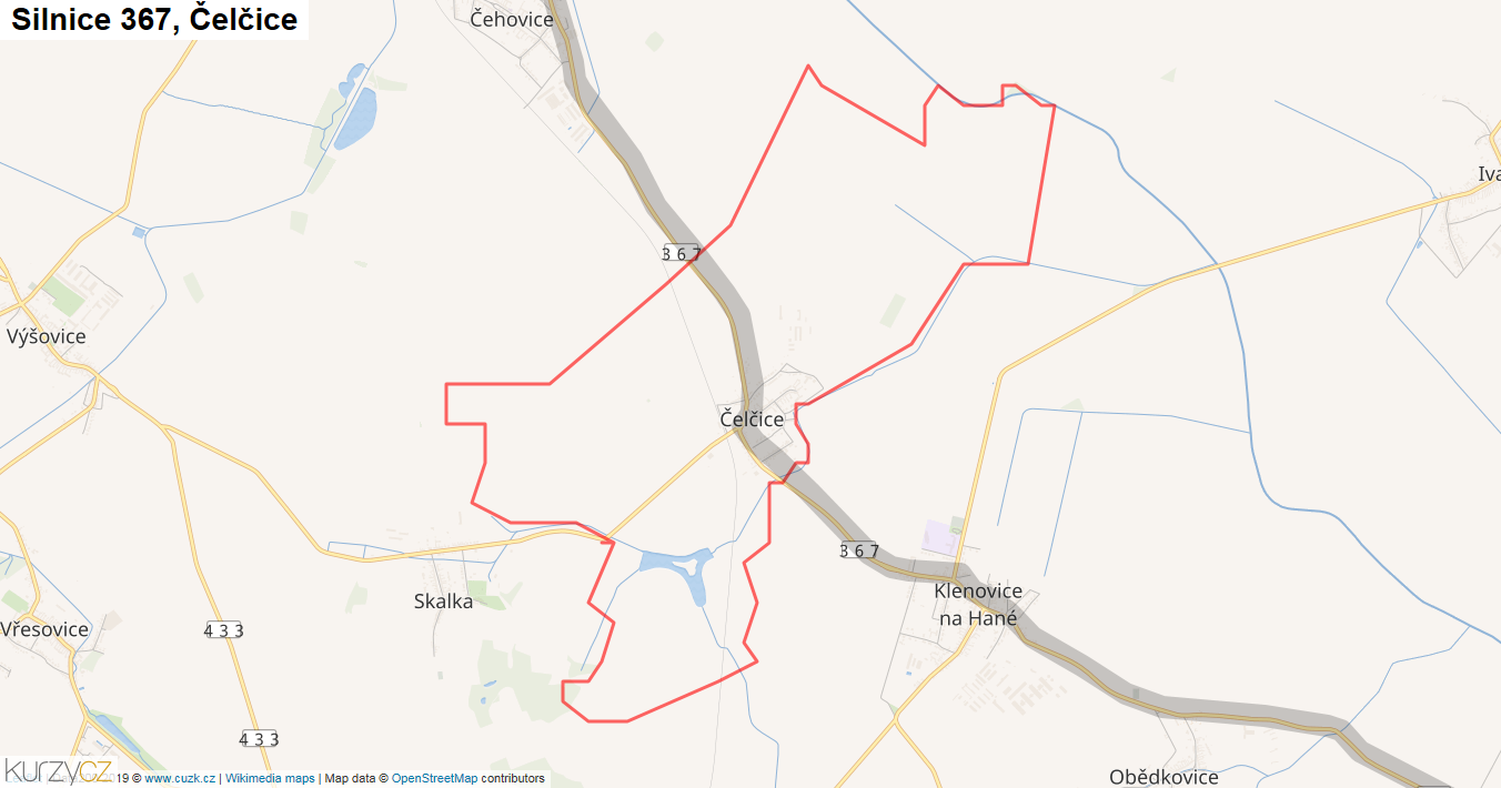 Čelčice, Silnice 367 - Mapa