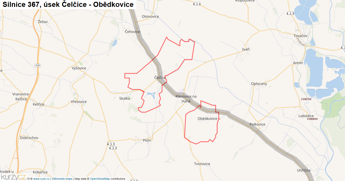 Úsek Čelčice - Obědkovice, Silnice 367 - Mapa
