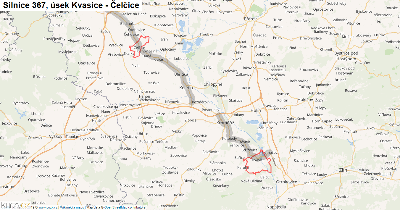 Úsek Kvasice - Čelčice, Silnice 367 - Mapa