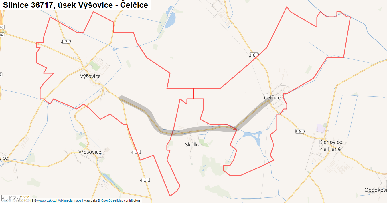 Úsek Výšovice - Čelčice, Silnice 36717 - Mapa