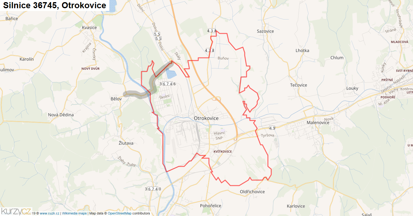 Otrokovice, Silnice 36745 - Mapa
