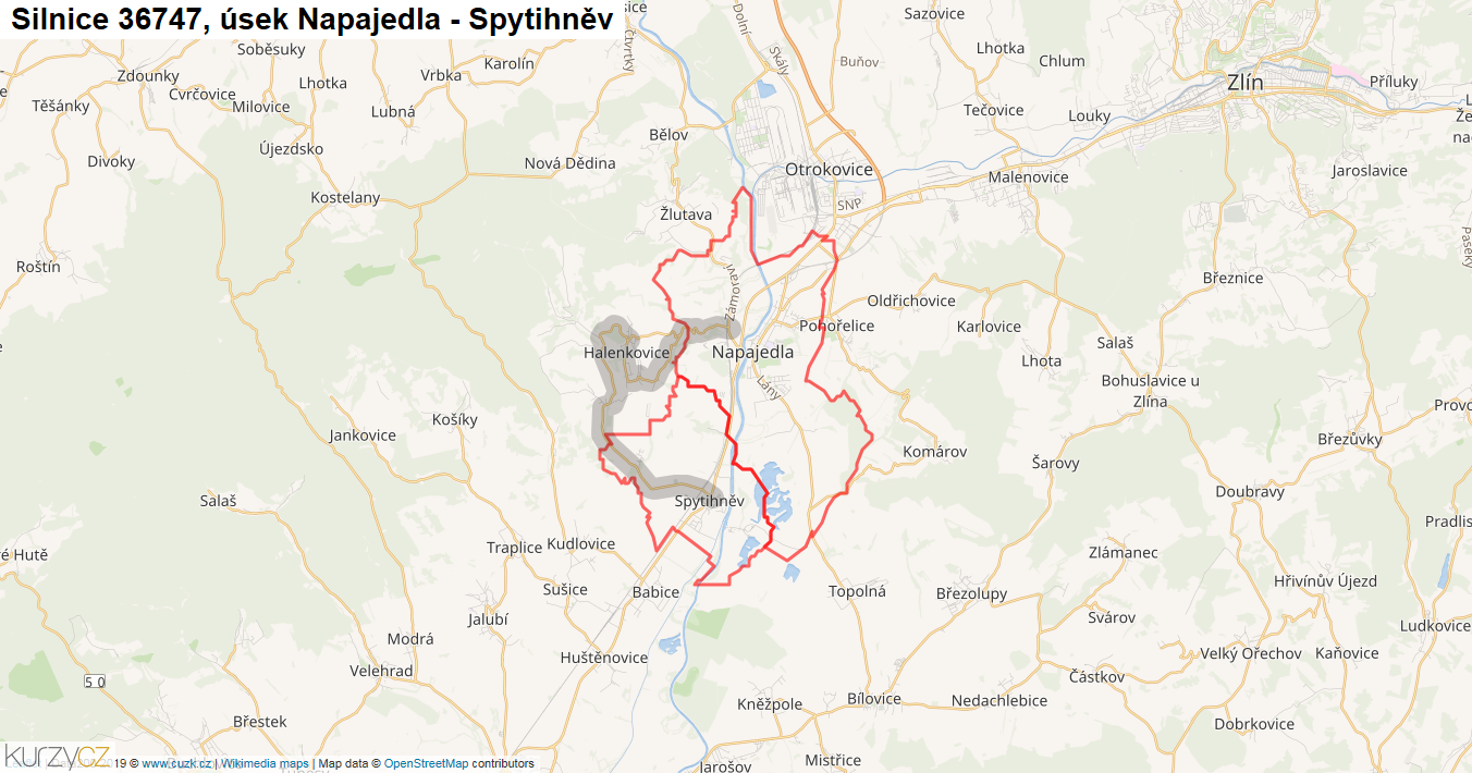 Úsek Napajedla - Spytihněv, Silnice 36747 - Mapa