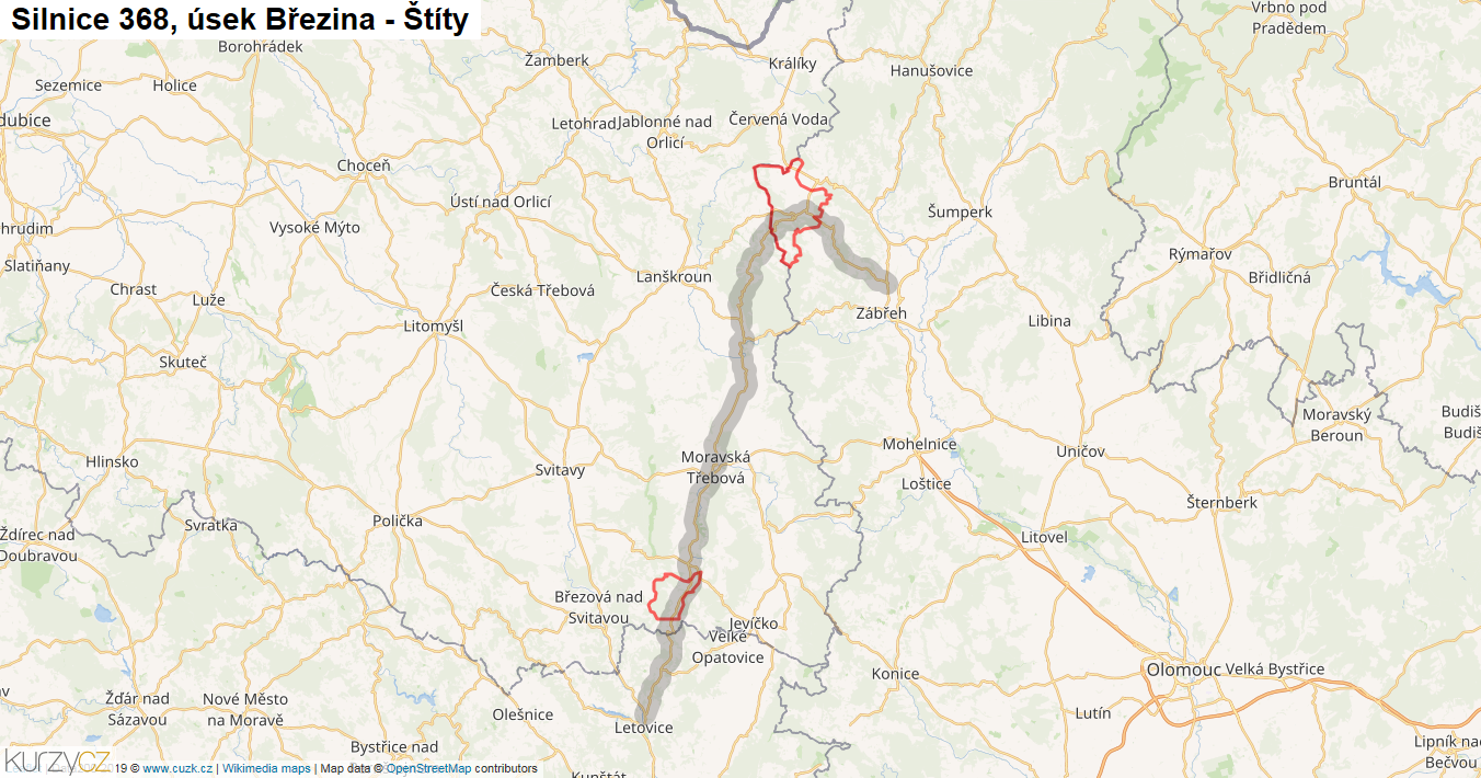 Úsek Březina - Štíty, Silnice 368 - Mapa