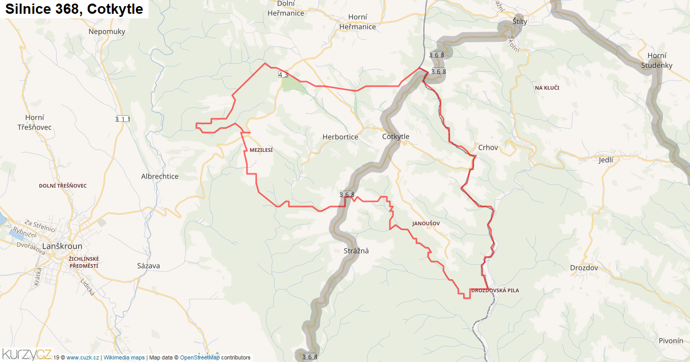 Cotkytle, Silnice 368 - Mapa