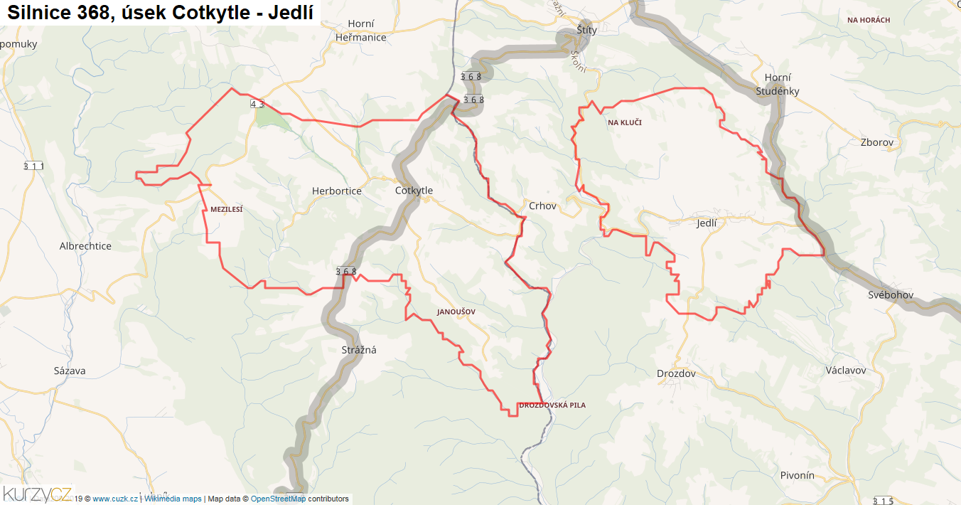 Úsek Cotkytle - Jedlí, Silnice 368 - Mapa