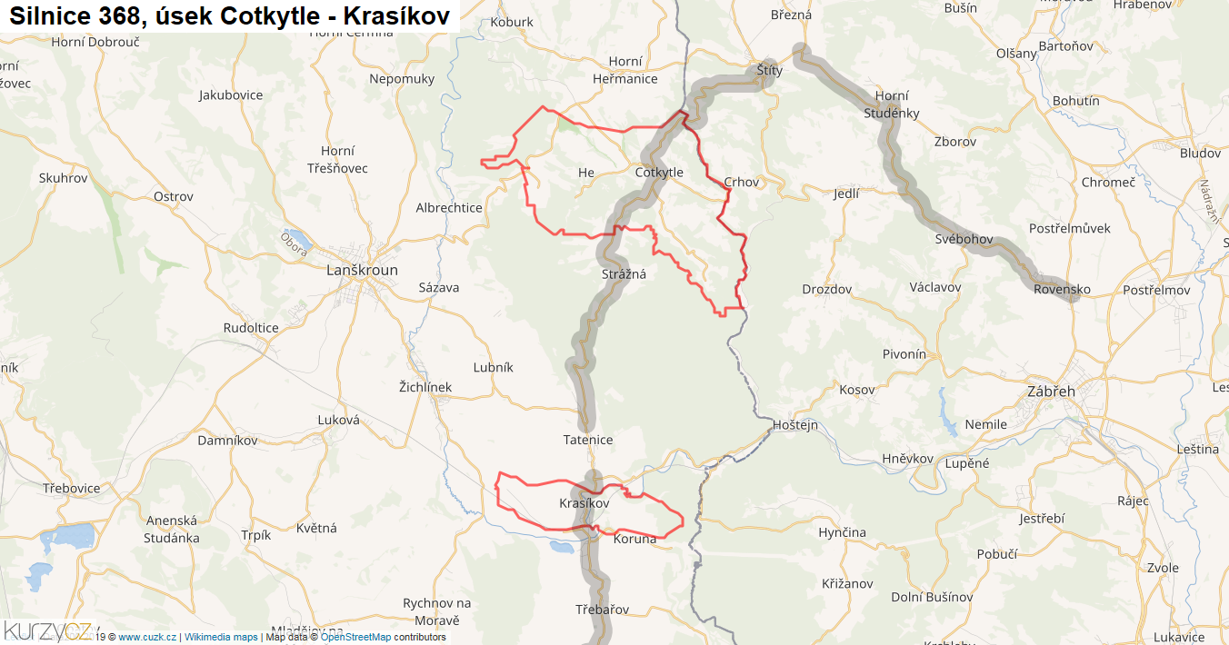 Úsek Cotkytle - Krasíkov, Silnice 368 - Mapa