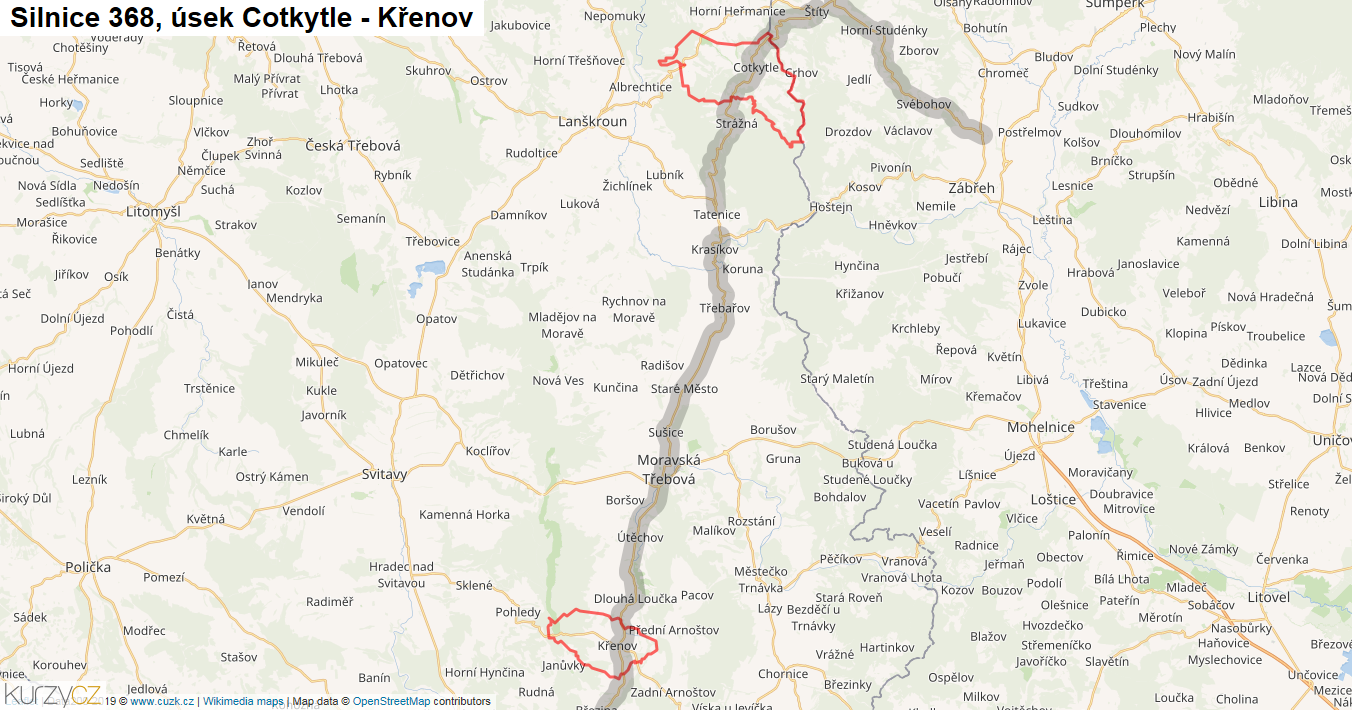 Úsek Cotkytle - Křenov, Silnice 368 - Mapa