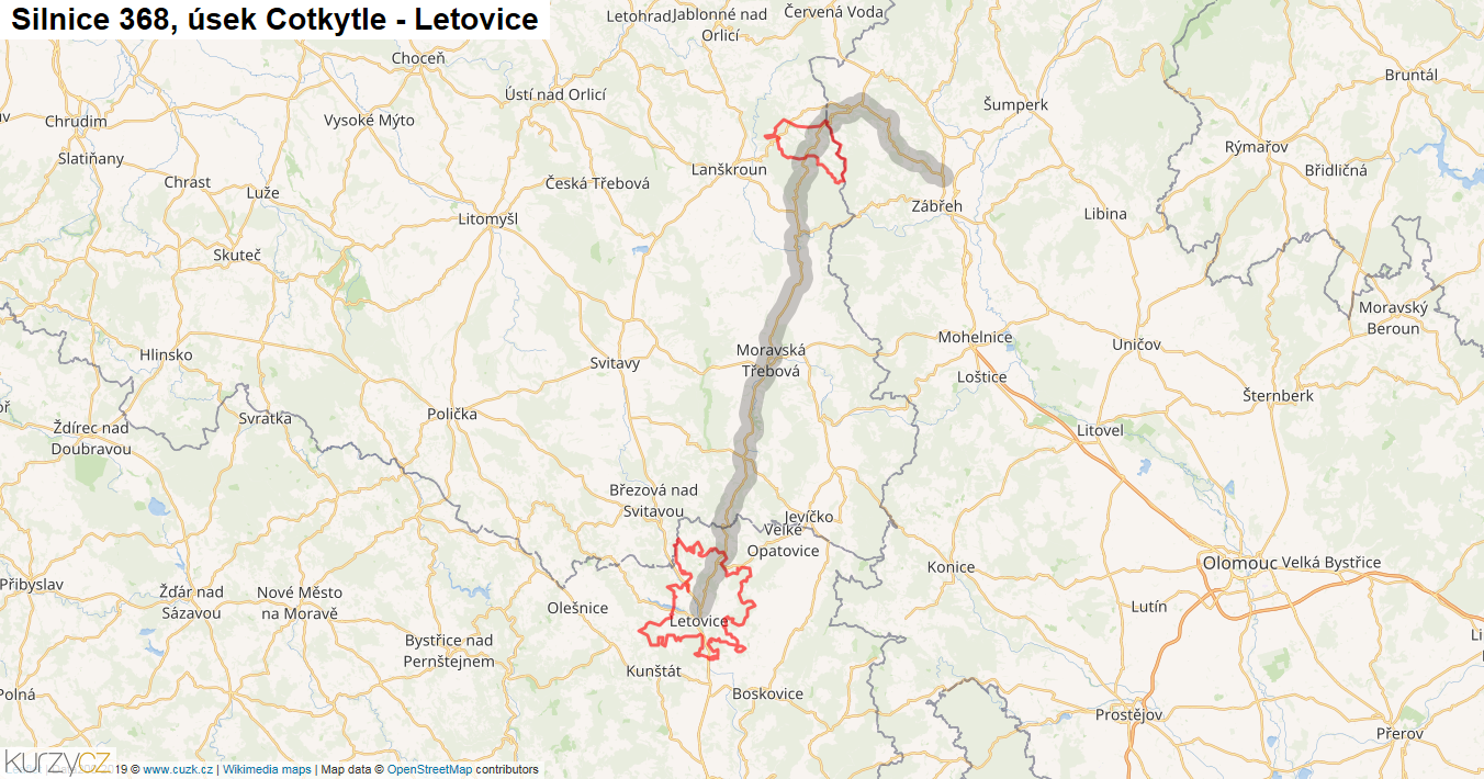 Úsek Cotkytle - Letovice, Silnice 368 - Mapa