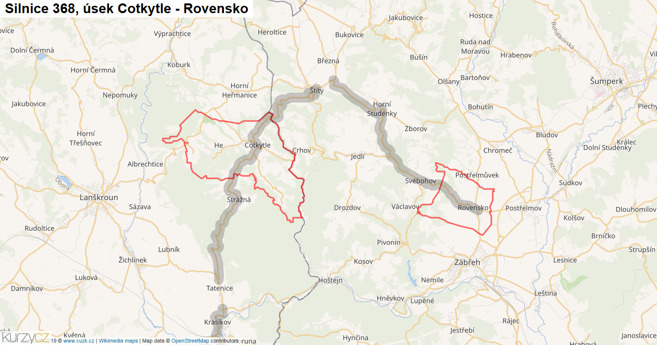 Úsek Cotkytle - Rovensko, Silnice 368 - Mapa