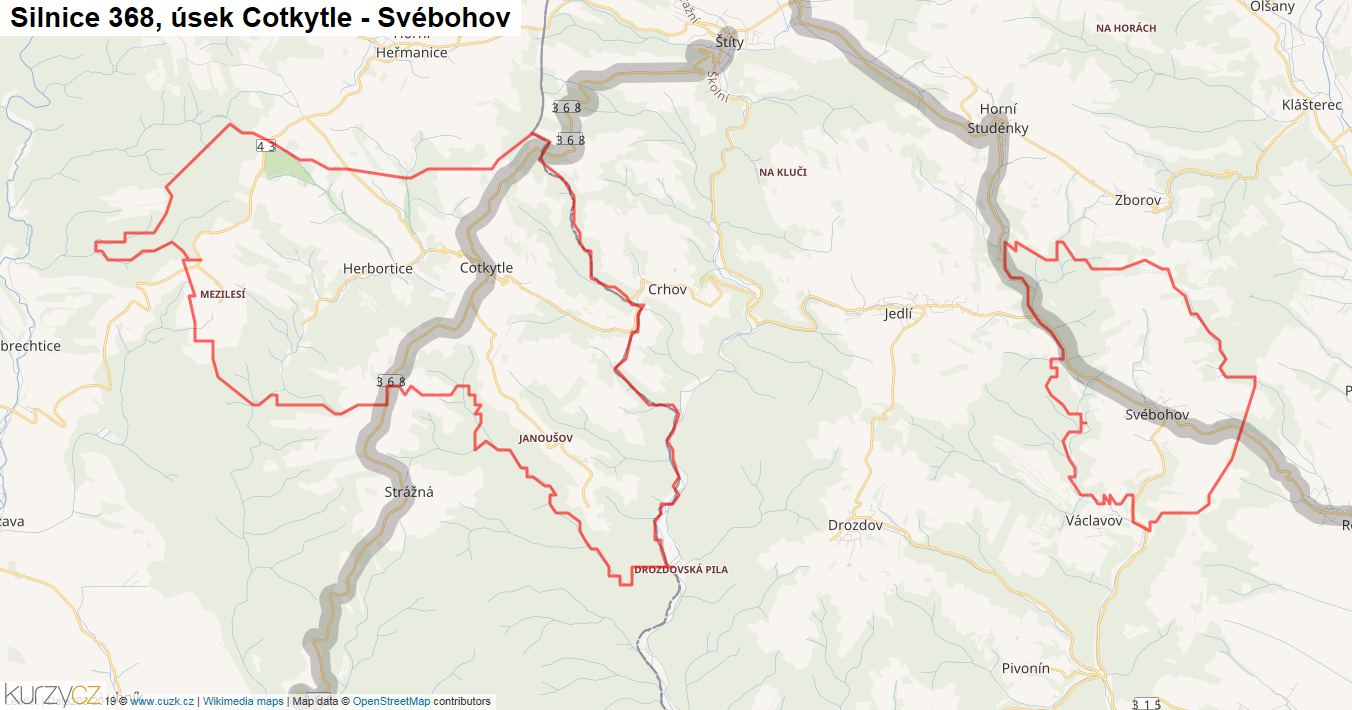 Úsek Cotkytle - Svébohov, Silnice 368 - Mapa