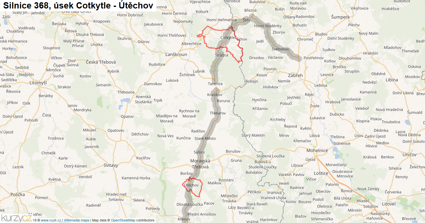 Úsek Cotkytle - Útěchov, Silnice 368 - Mapa