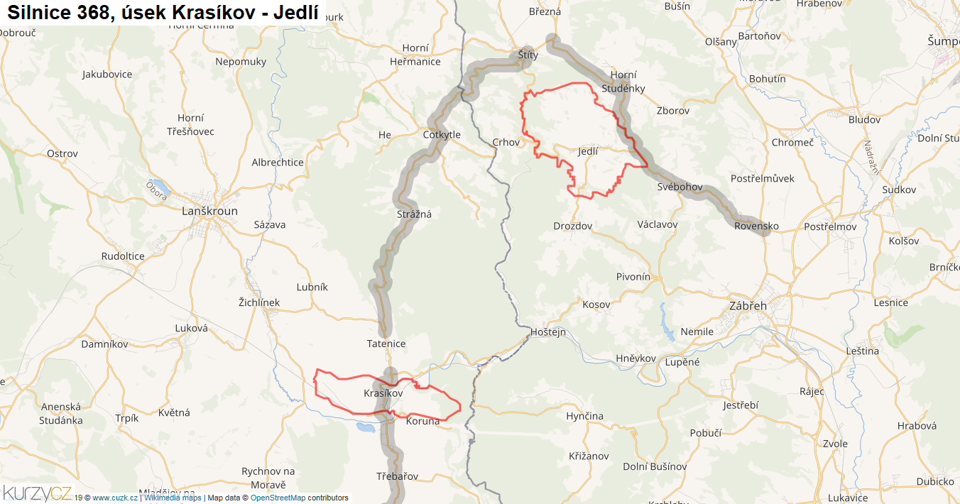 Úsek Krasíkov - Jedlí, Silnice 368 - Mapa